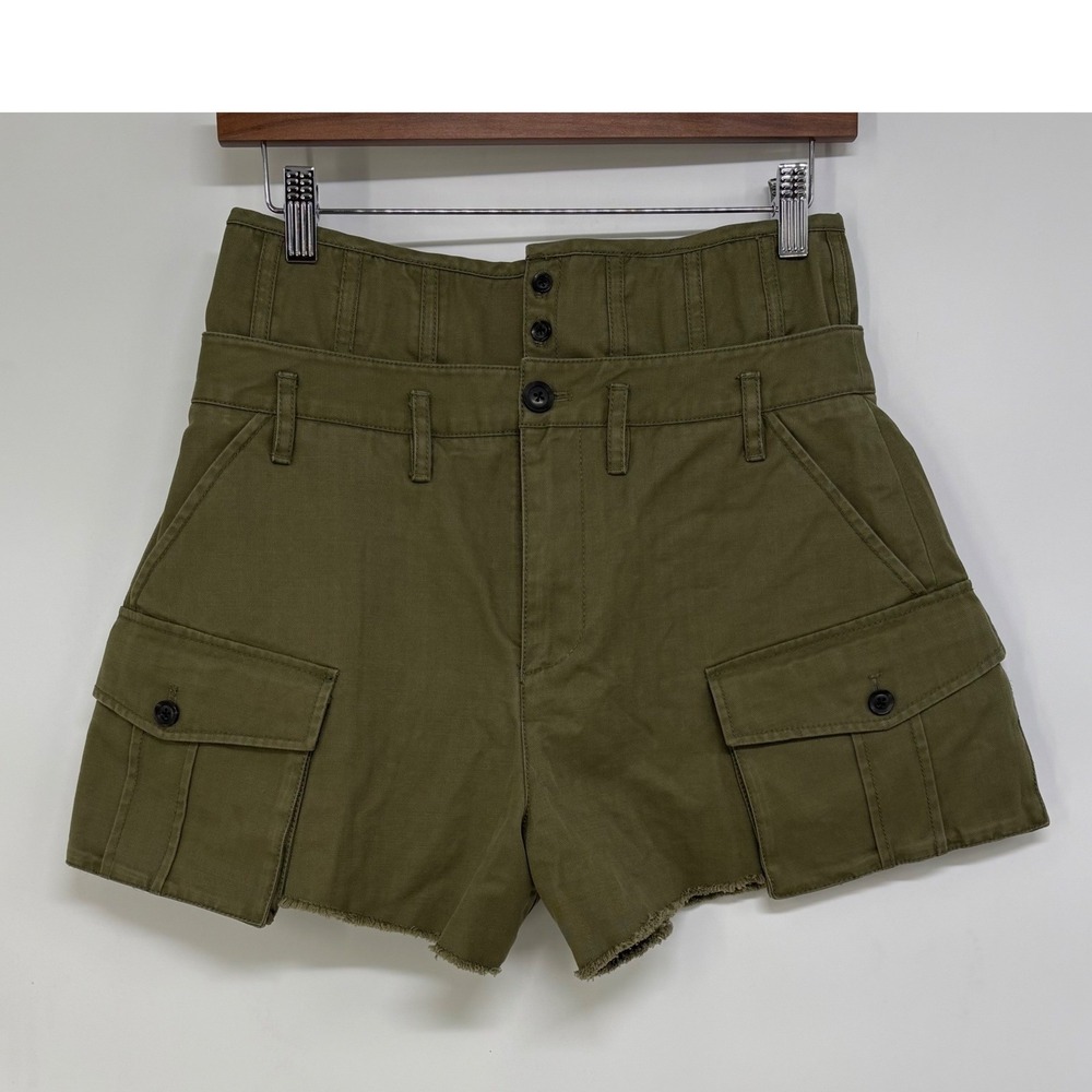 Marissa Webb Olive Green Herringbone Double Waist Cargo Shorts 30 High Rise Fray